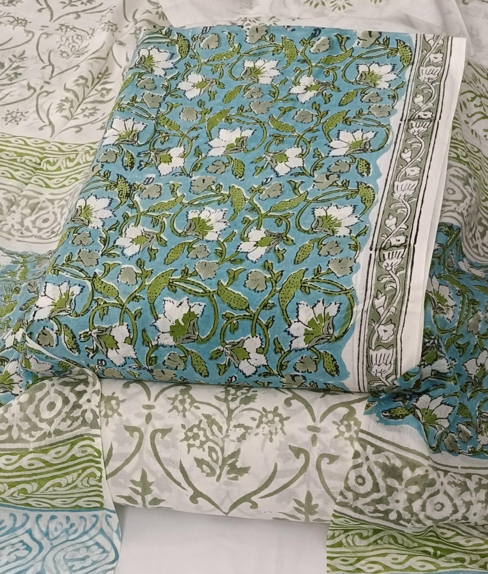 DRAVINAM Trends Hand Block Dabu Print Indigo Cambric Unstitched Cotton Suit Dress Material for Women with Mulmul Cotton Hand Printed Dupatta