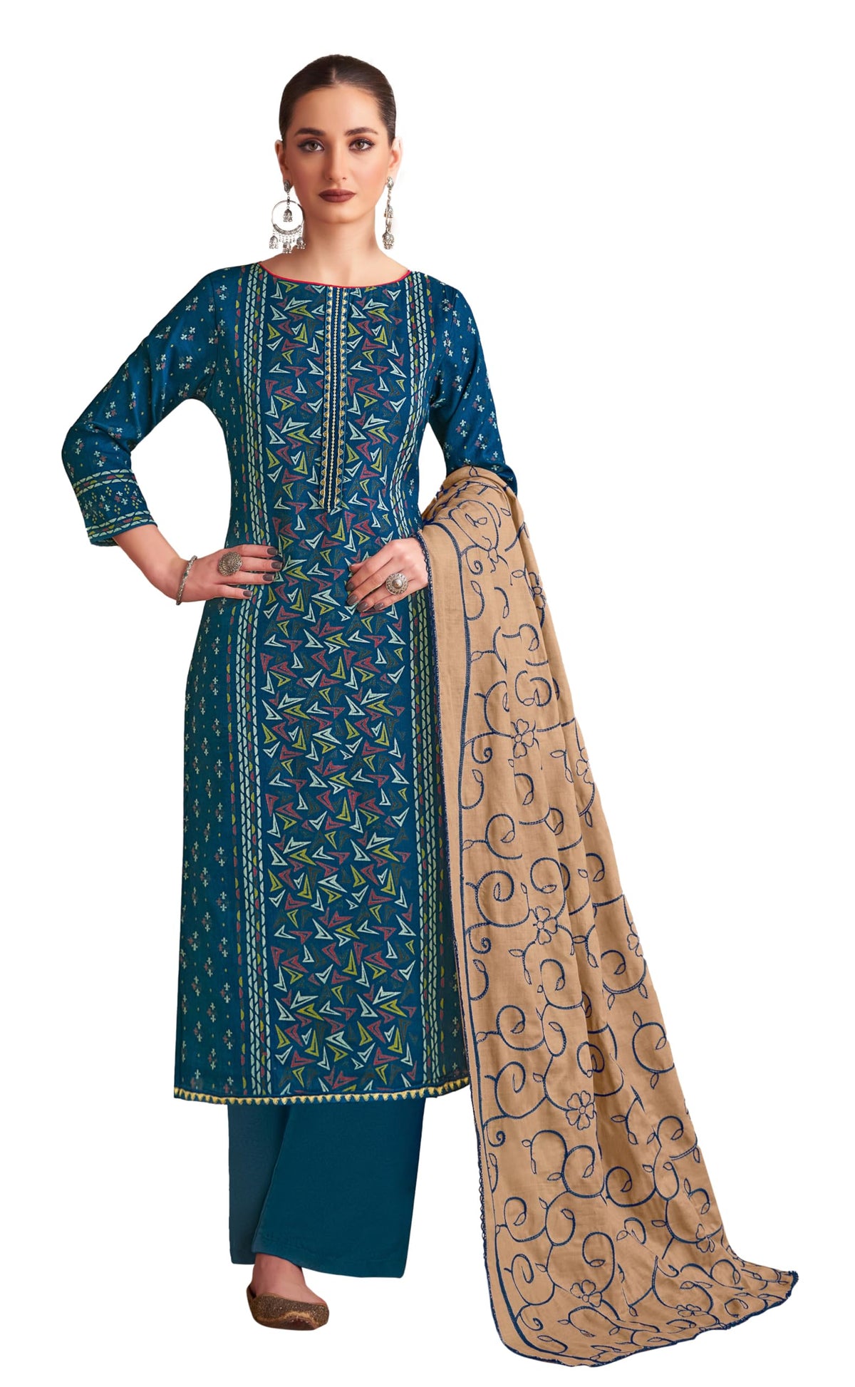 DRAVINAM Trends Women's Unstitched Rayon Salwar Suit Dress Material – Viscose Rayon Printed Hand work Top, Rayon Unstitch Bottom and Embroidered Cotton Dupatta