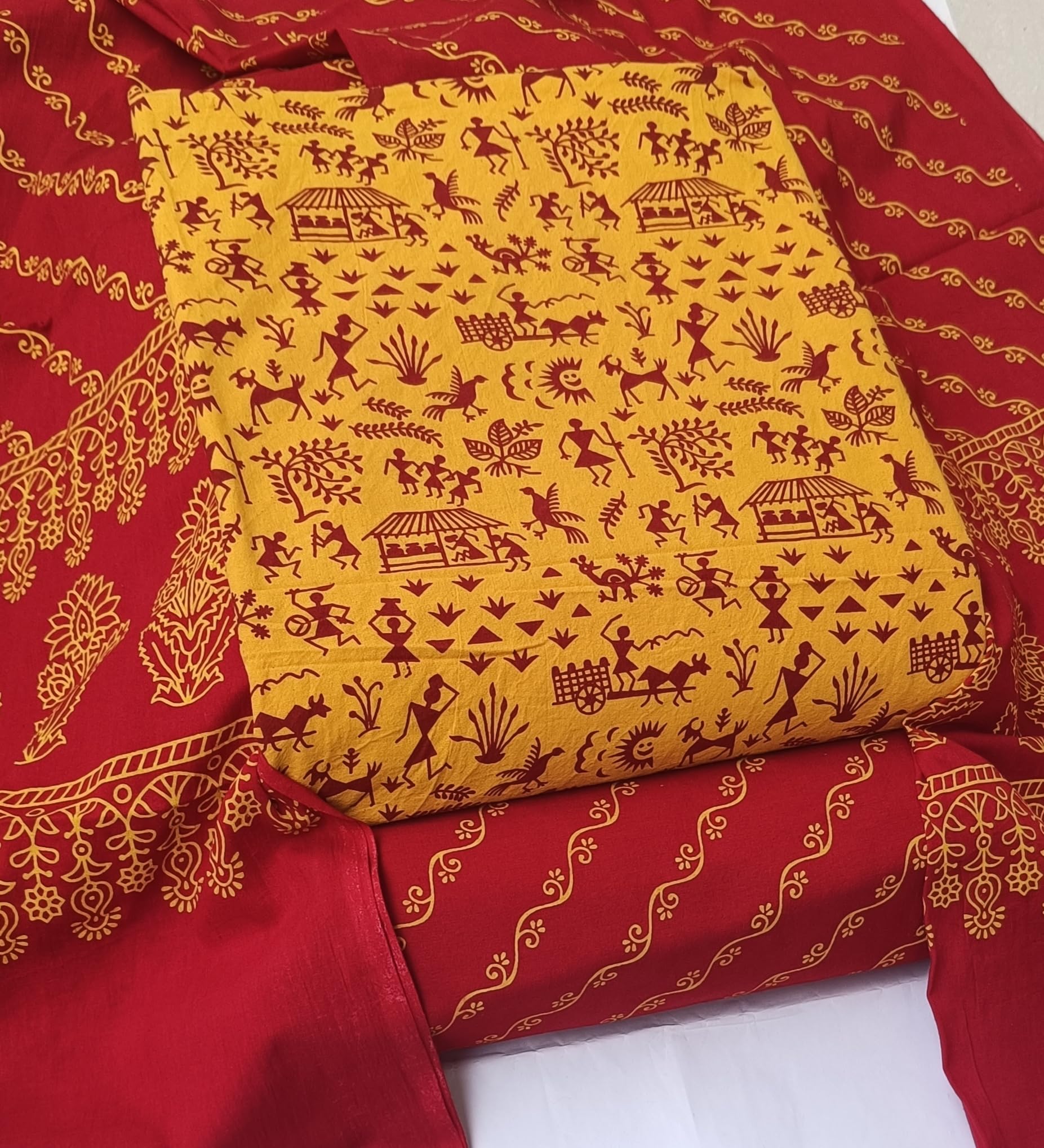 DRAVINAM Trends Women's Premium Cotton Unstitched Salwar Suit Dress Material Set | Traditional Rajasthani Gujari Block Print (Red & Mustard Yellow)