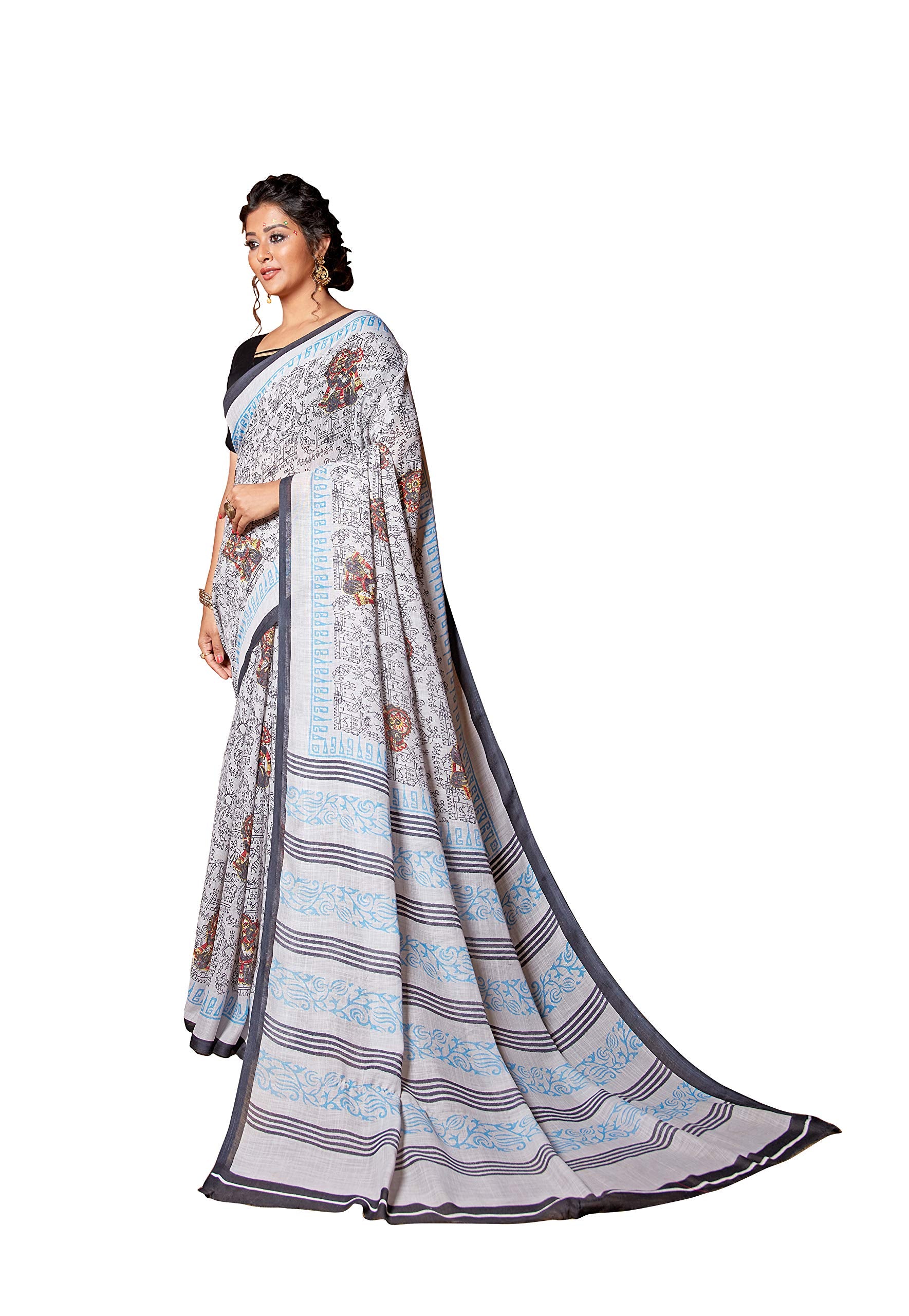 DRAVINAM Trends Women's Woven Pure Handloom Cotton Linen Printed Saree with Unstitched Blouse Piece (Grey)