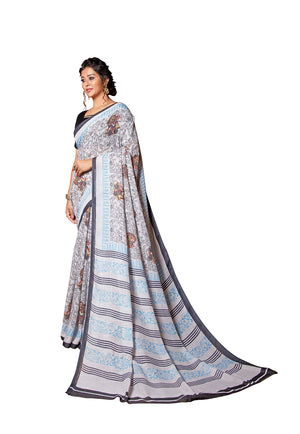 DRAVINAM Trends Women's Woven Pure Handloom Cotton Linen Printed Saree with Unstitched Blouse Piece (Grey)