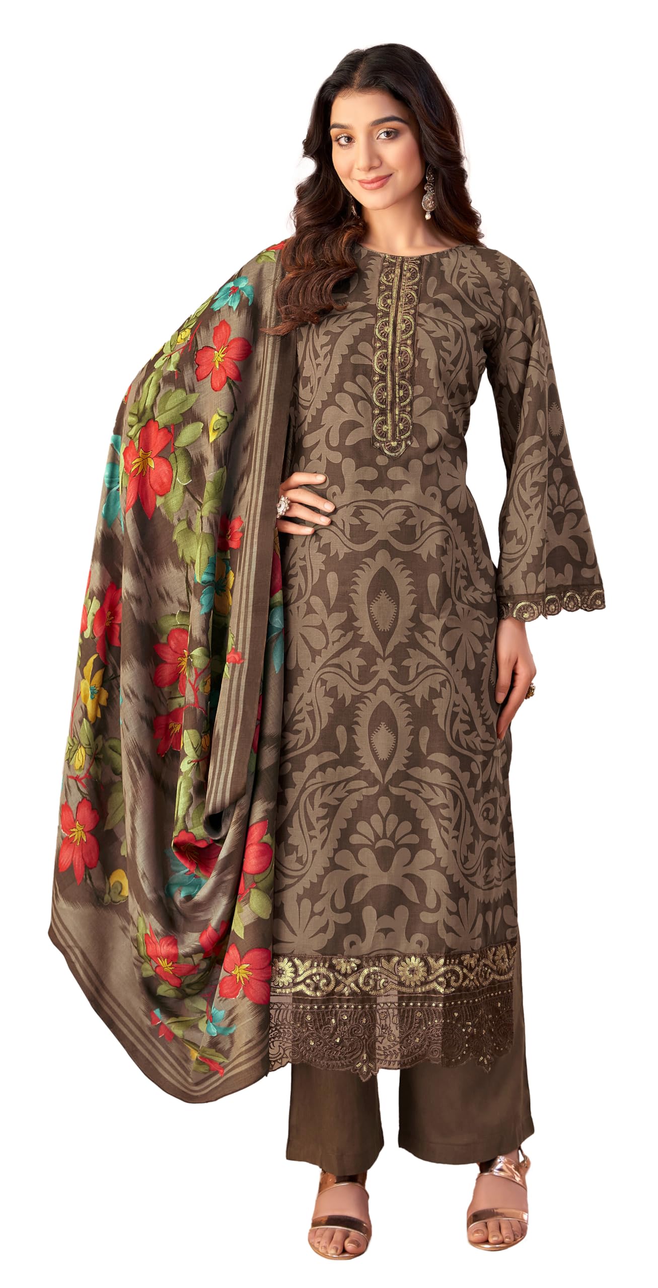 DRAVINAM Trends Unstitched Pakistani Embroidered Pure Cambric Cotton Salwar Suit Dress Materials with Mal Mal Cotton Printed Dupatta