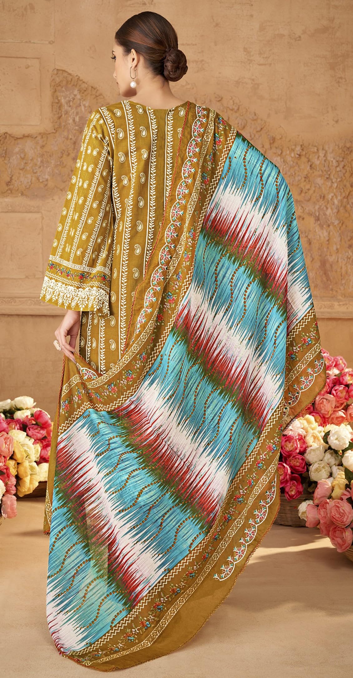 DRAVINAM Trends Unstitched Cotton Suit Dress Material Set: Pakistani Print Top Fabric with Embroidery | Customizable Solid Bottoms | Cotton Fancy Dupatta