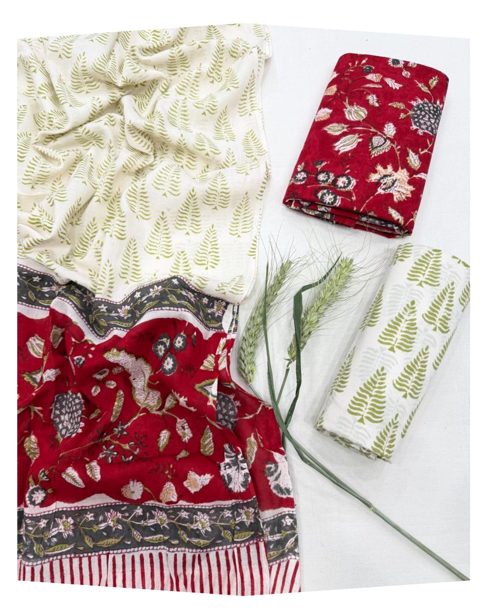 Hand Block Print Sanganeri Cambric Unstitched Cotton Suit Dress Material for Women with Mulmul Cotton Hand Printed Dupatta