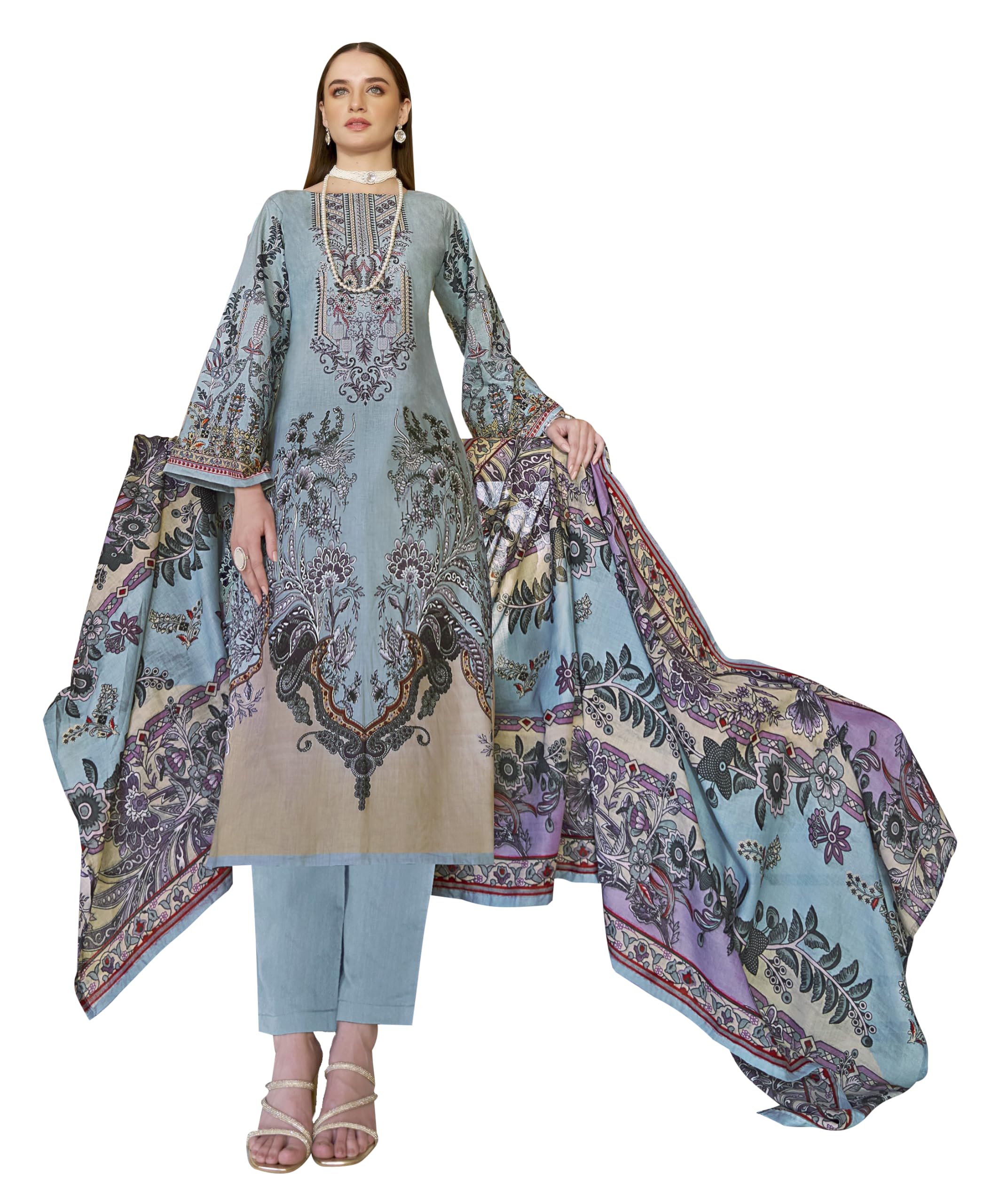DRAVINAM Trends Women's Unstitched Pakistani Print Embroidered Cotton Salwar Suit Dress Materials with Cotton Printed Dupatta