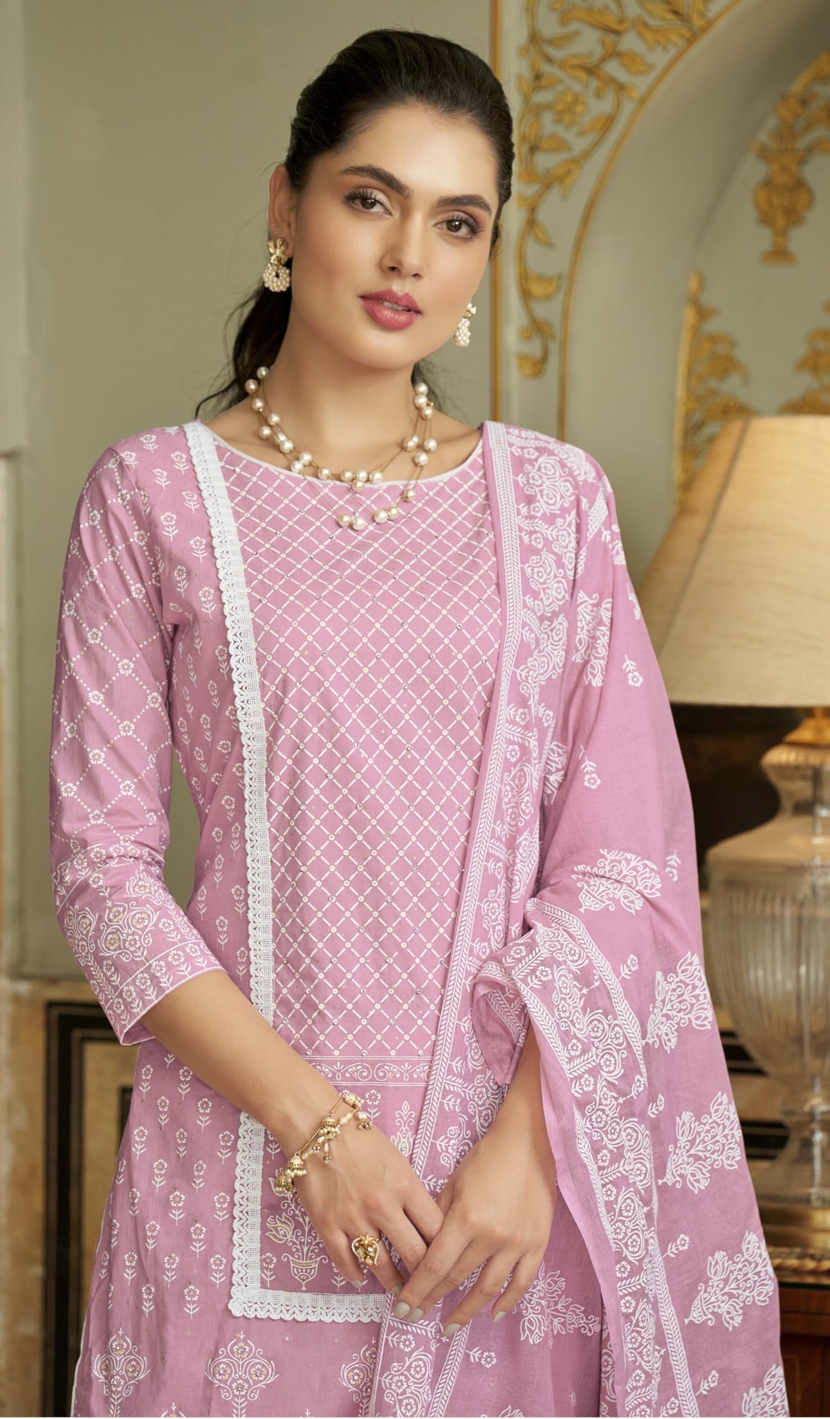 DRAVINAM Trends Unstitched Women Suit Material – Handwork and Lacework Cambric Cotton Printed Top, Cotton Bottoms and Cotton Mal Mal Printed Dupatta