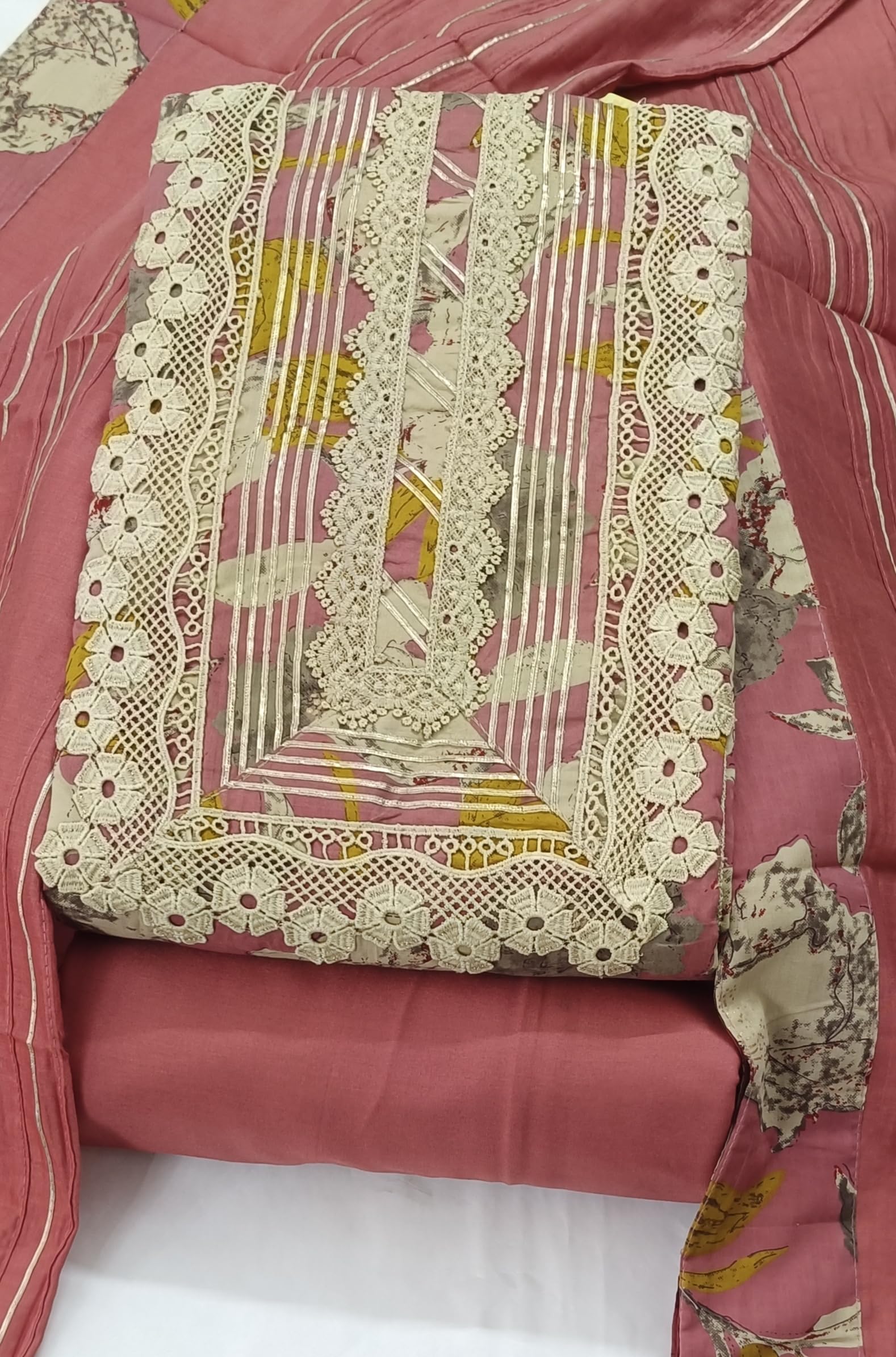 DRAVINAM Trends Unstitched Floral Print Premium Cotton Suit Dress Material with Gota and Lace work for Women with Soft Silk Embellished Dupatta