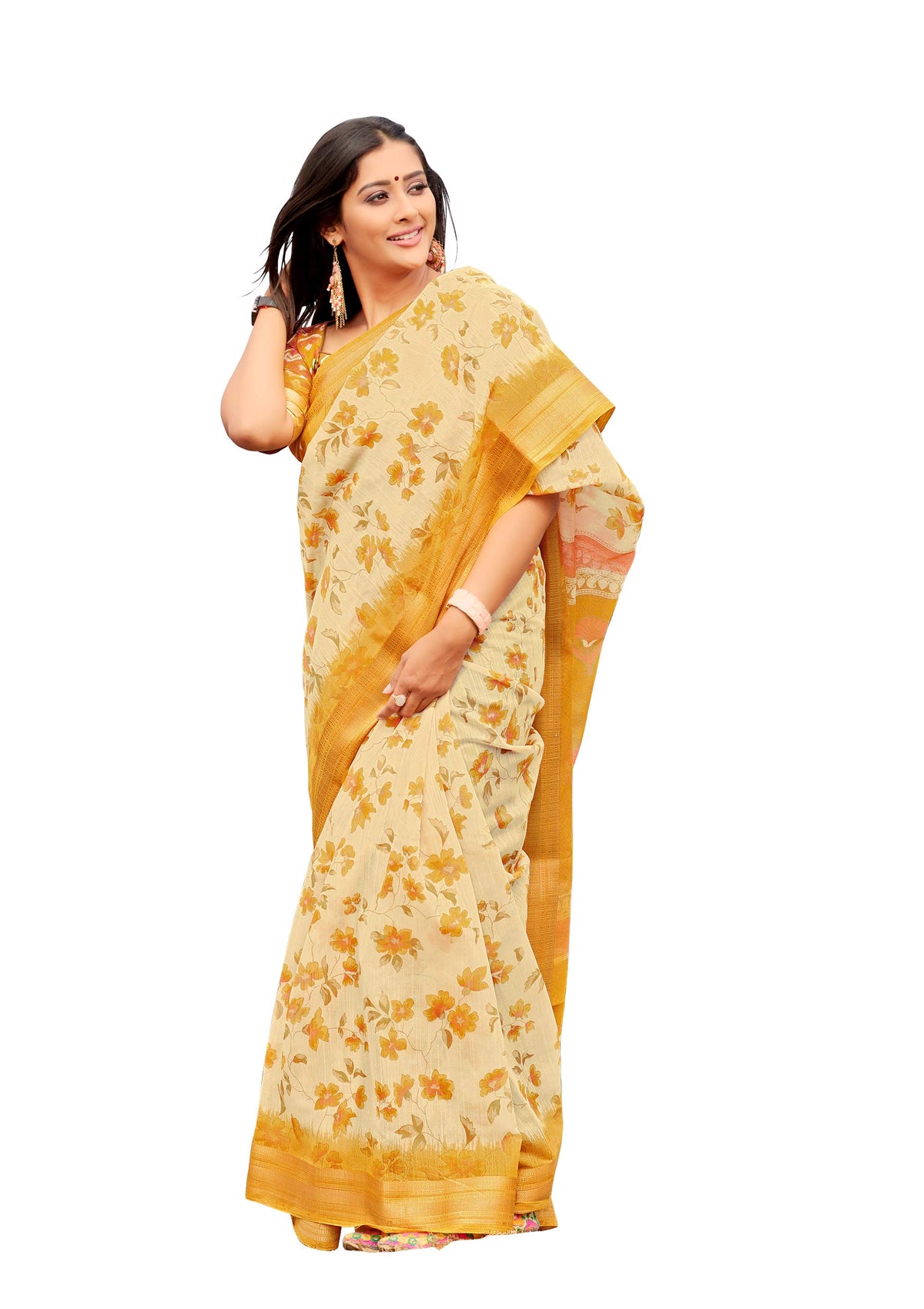 DRAVINAM Trends Women's Woven Kota Linen Printed Saree with Blouse Piece (Light Brown_SareeSRZ_11)