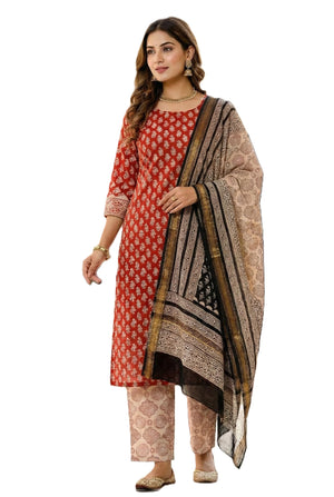 Women's Elegant Red Maheshwari Block Botanical Printed Unstitched Salwar Suit Dress Material with cotton Bottom & Zari Border Dupatta