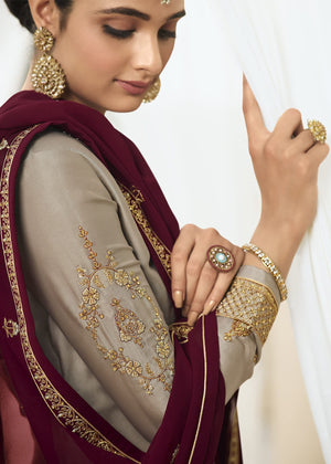 DRAVINAM Trends Women's Heavy Embroidered Pure Georgette Sharara Salwar Suit Dress Material with Heavy Embroidered Pure Georgette Dupatta (Free size_Maroonish red)