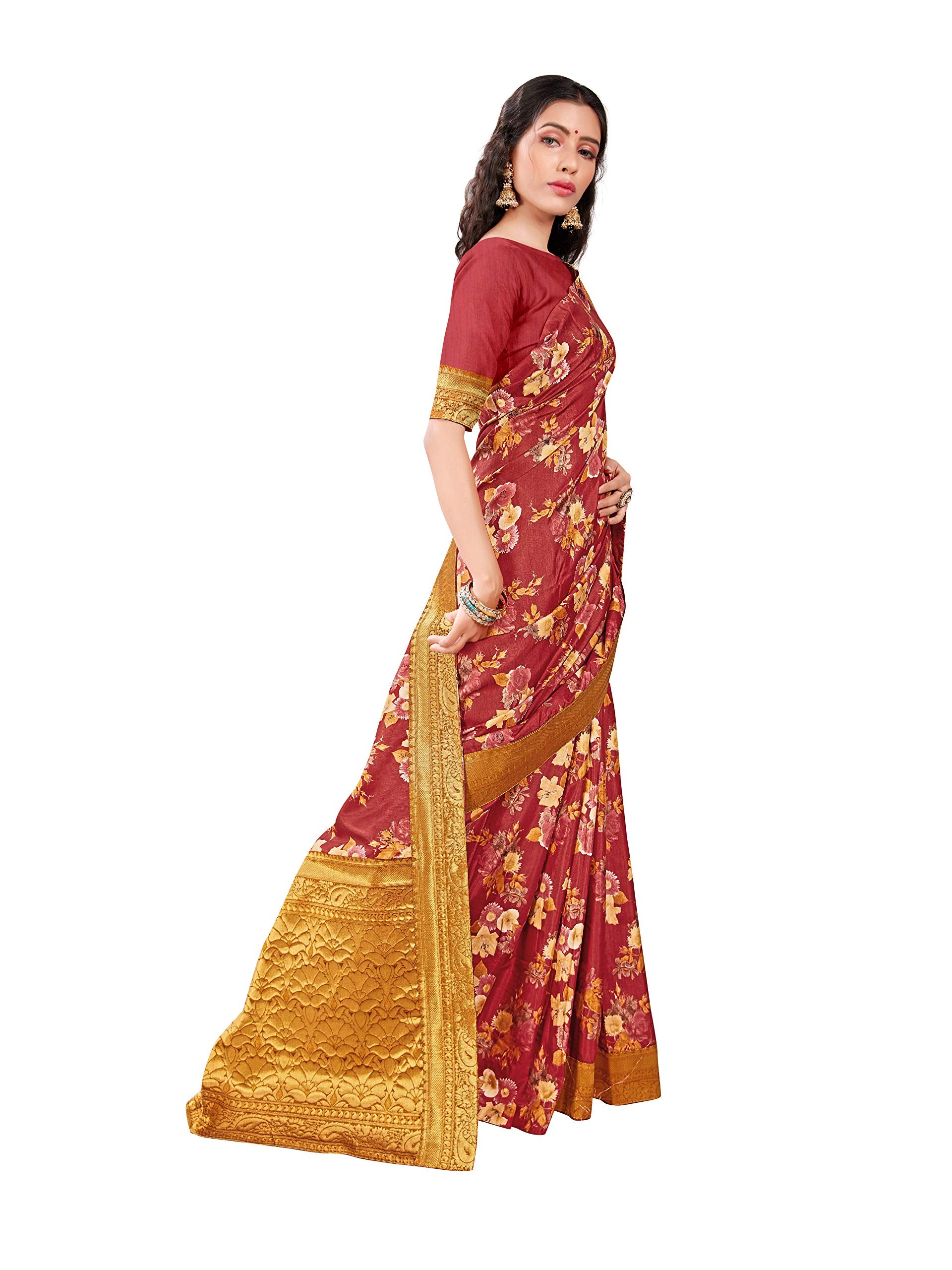DRAVINAM Trends Printed silk saree with Jacquard Border and Blouse Piece (Maroon)