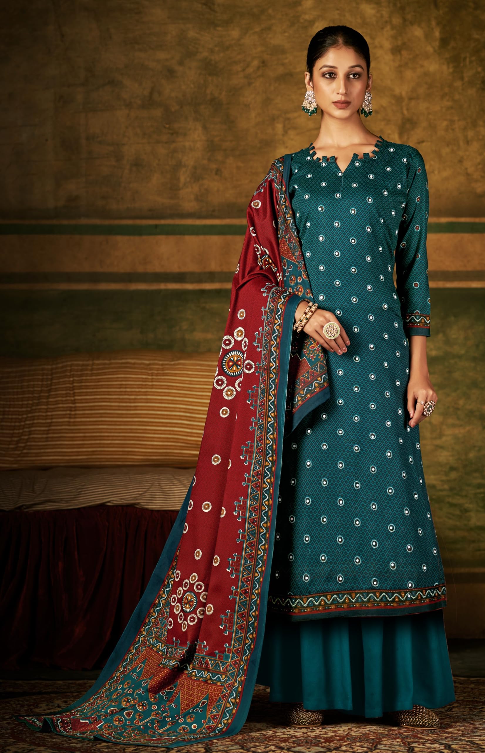 DRAVINAM Trends Women's Unstitched Kaani Print Mirror Work Spun Pashmina Winter wear Dress Material Fabric for Salwar Suit with printed spun pashmina Kashmiri shawl dupatta (Blue)