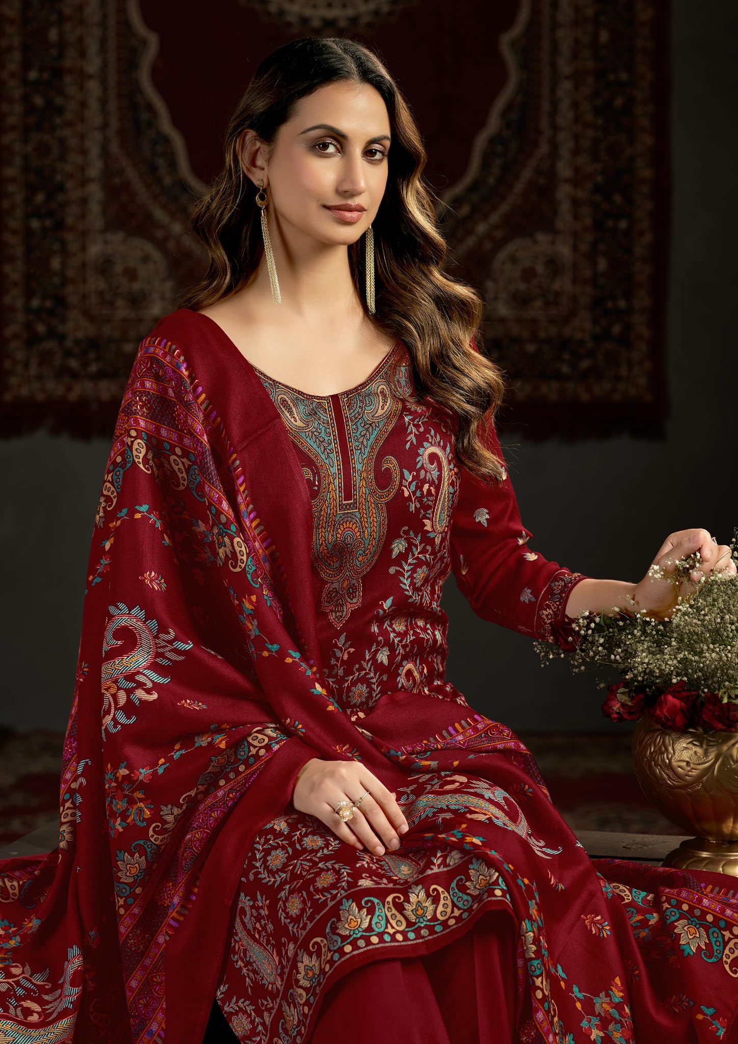 DRAVINAM Trends Women's Unstitched Winter Wear Kashmiri Kani Printed Heavy Woolen Pashmina Salwar Suit Dress Material with Printed Shawl Dupatta