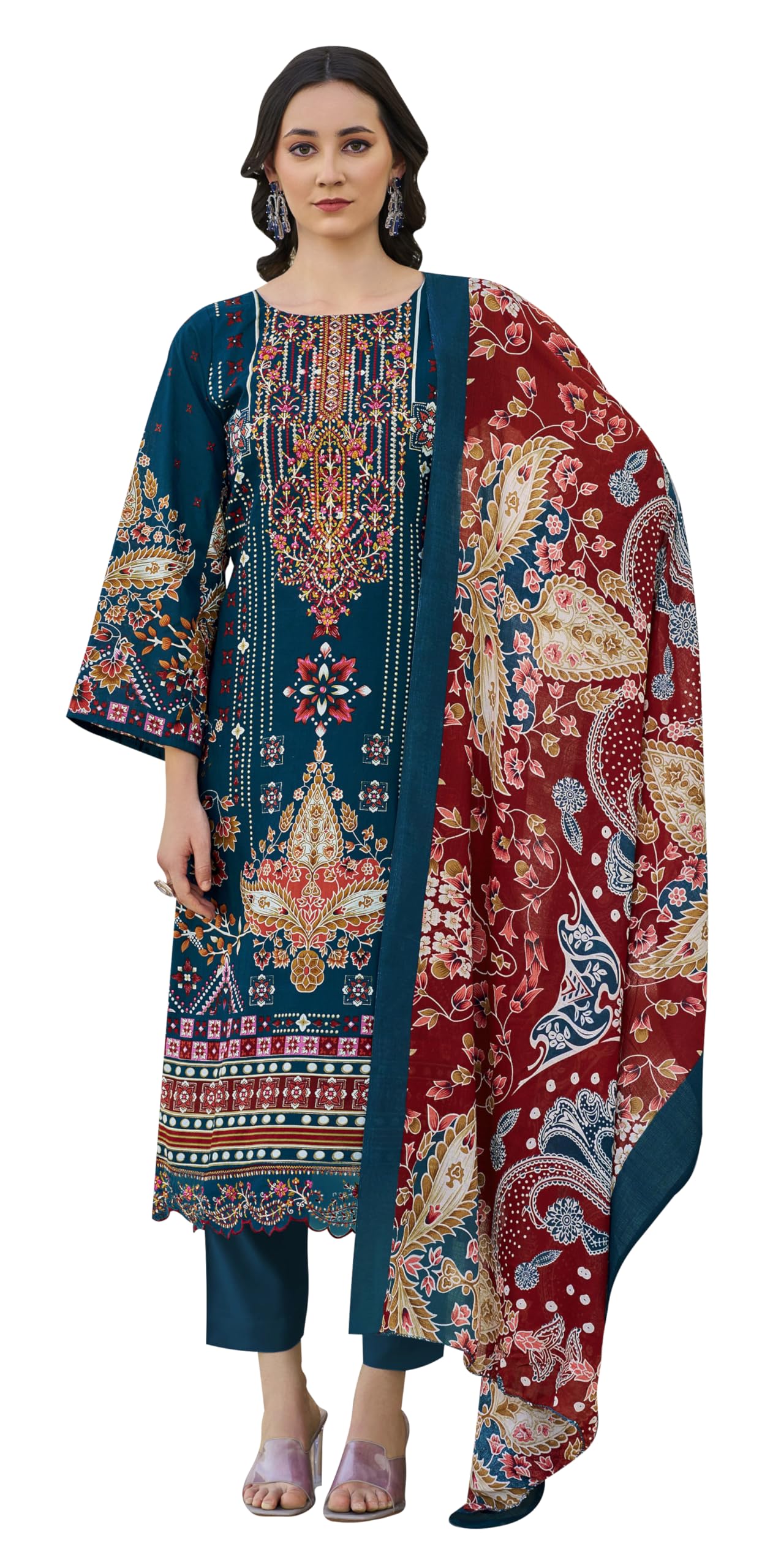 DRAVINAM Trends Women's Unstitched Salwar Suit Dress Material - Cotton Digital Printed Organza Embroidered Kameez II Solid Bottoms II Printed Dupatta