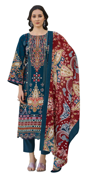 DRAVINAM Trends Women's Unstitched Salwar Suit Dress Material - Cotton Digital Printed Organza Embroidered Kameez II Solid Bottoms II Printed Dupatta
