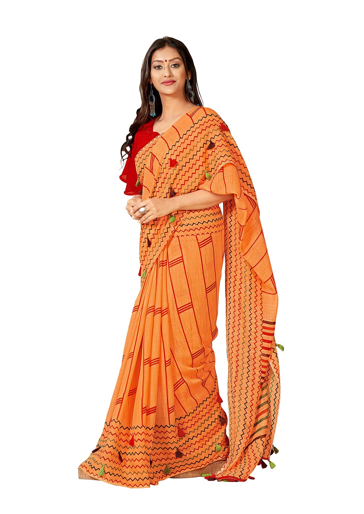DRAVINAM Trends Women's Khadi Linen Saree With Blouse Piece (SareePN_14_Orange)