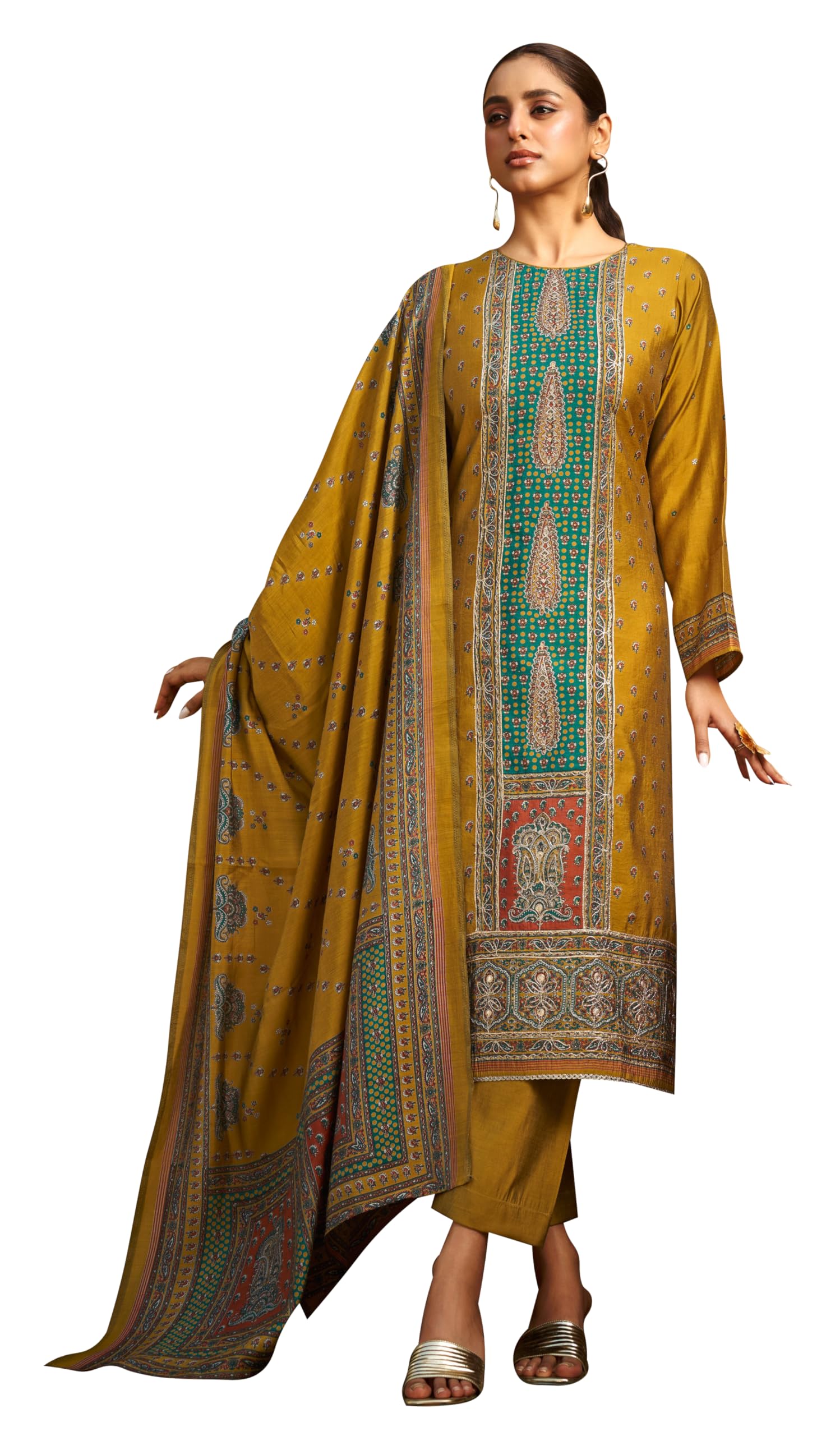 DRAVINAM Trends Women's Unstitched Maslin Suit Material - Embroidered Digital Printed Foil Masline Top II Masline Bottoms II Maslin Digital Dupatta