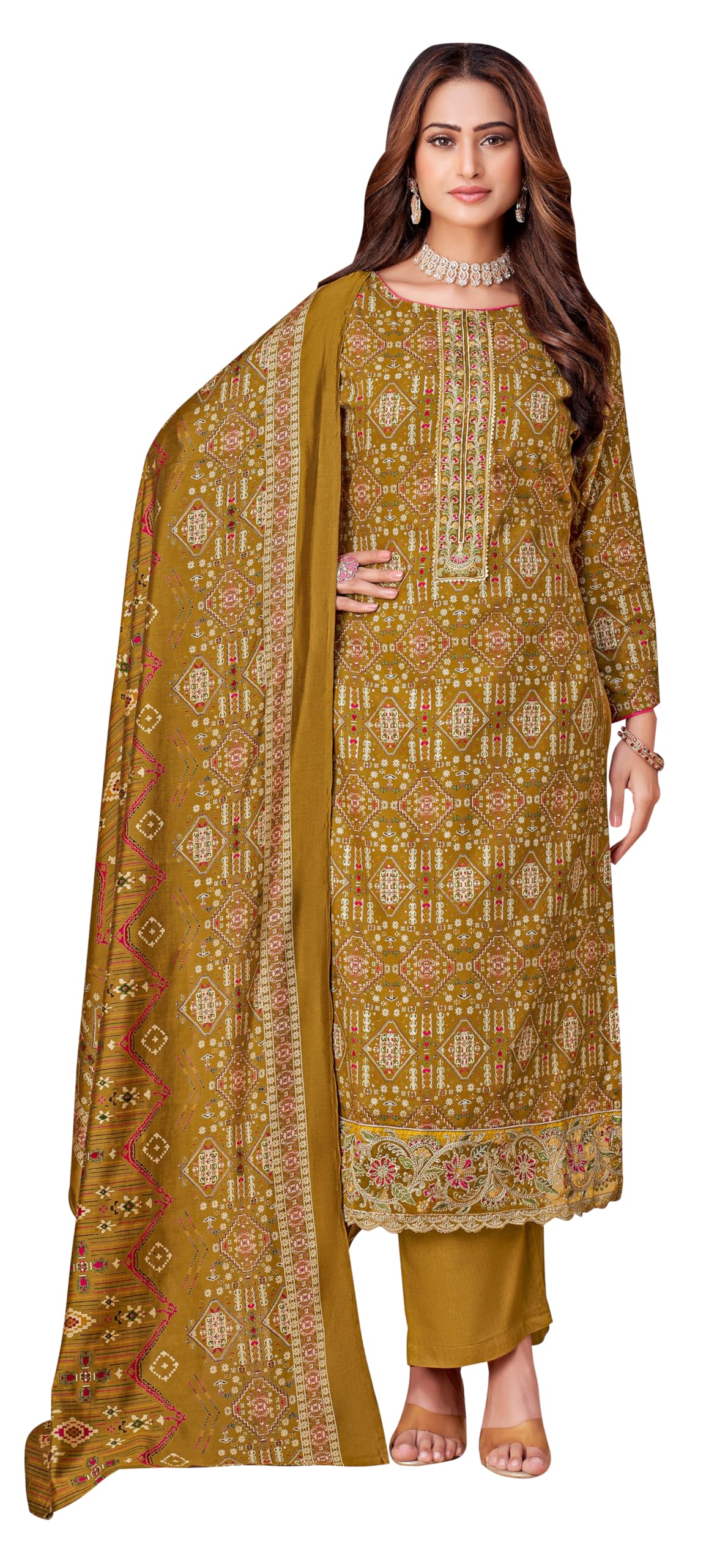 DRAVINAM Trends Pure Viscose Rayon Cotton Discharge Foil Printed Fancy Embroidered Suit Dress Material with Unstitched Bottoms and Cotton Silk Printed Dupatta