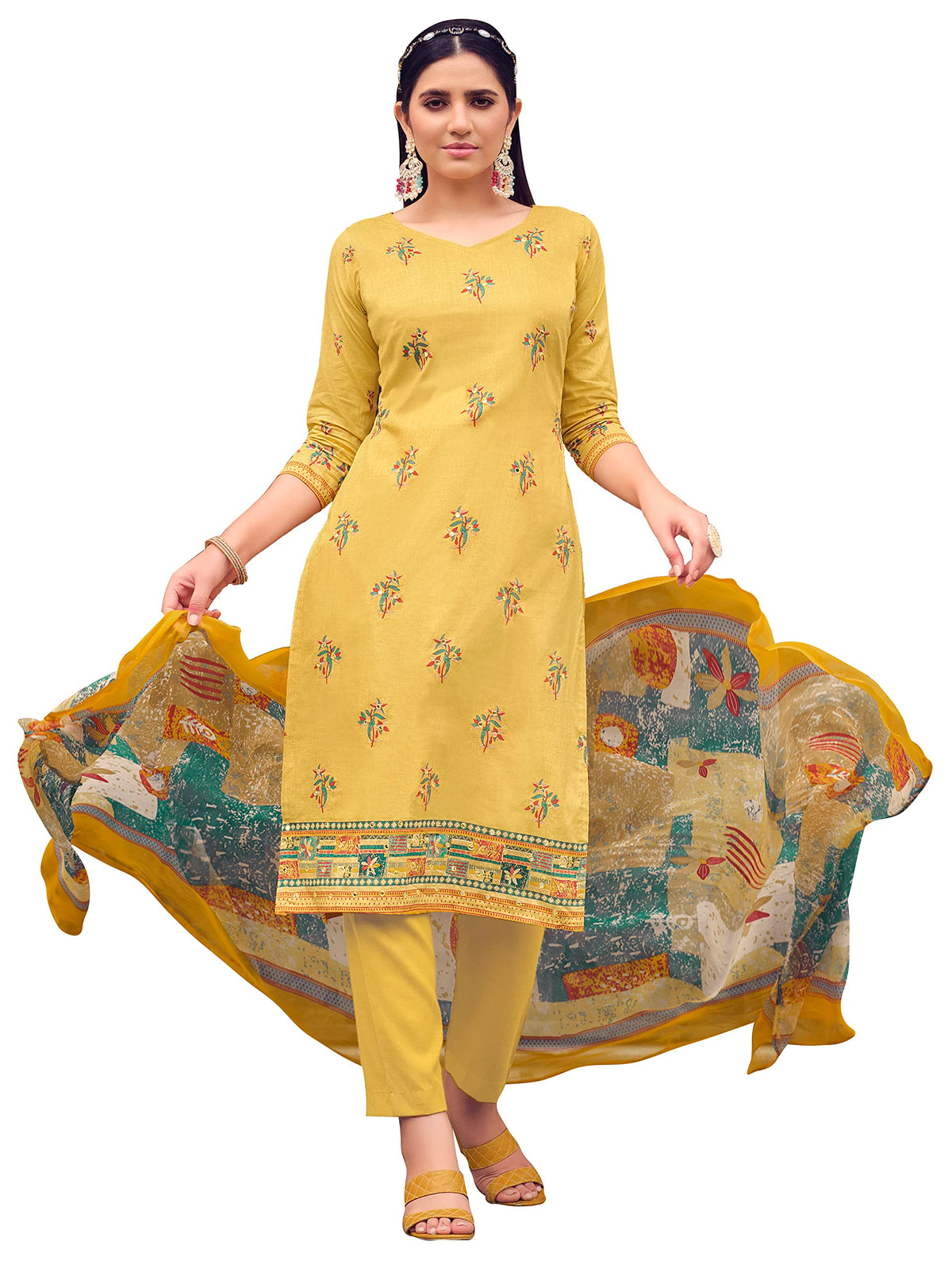 DRAVINAM Trends Unstitched Printed Mirror Work Cotton Salwar Suits Dress Material with Chiffon Dupatta (Green)