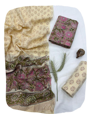 DRAVINAM Trends Hand Block Print Jaipuri Cambric Unstitched Cotton Suit Dress Material for Women with Mulmul Cotton Hand Printed Dupatta