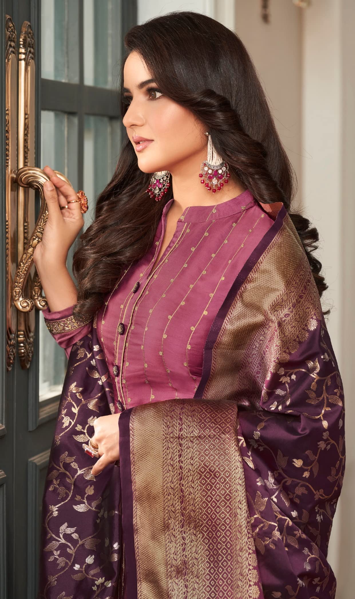 DRAVINAM Trends Women's Heavy Modal Satin Silk Sharara Style Pakistani Embroidered Salwar Suit Dress Material with Double Zari Jacquard Silk Banarasi Dupatta (Rust)