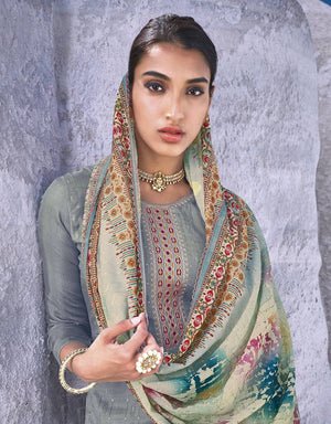 DRAVINAM Trends Women's Pure Musline Embroidery work Unstitched Salwar Suit Material with Pure Muslin Digital Print Sequence work Dupatta (Free size_Grey)