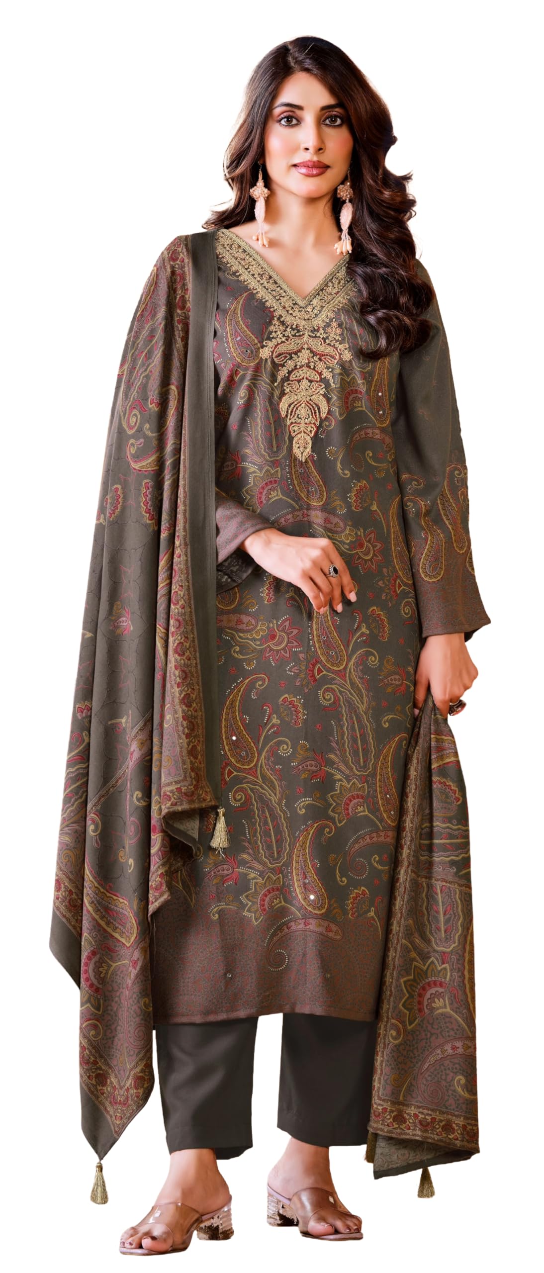 DRAVINAM Trends Women's Winter Wear Unstitched Digital Kashmiri Paisley Printed Heavy Neck Embroidered Pashmina Salwar Suit Dress Material with Khatli Work Foil touchup and Pashmina Shawl