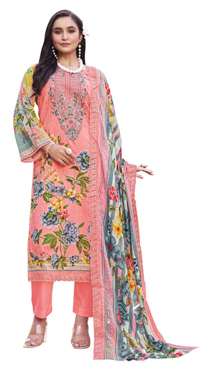 DRAVINAM Trends Pure Cambric Cotton Pakistani Embroidered Suit Dress Material with Unstitched Bottoms and Cotton Dupatta