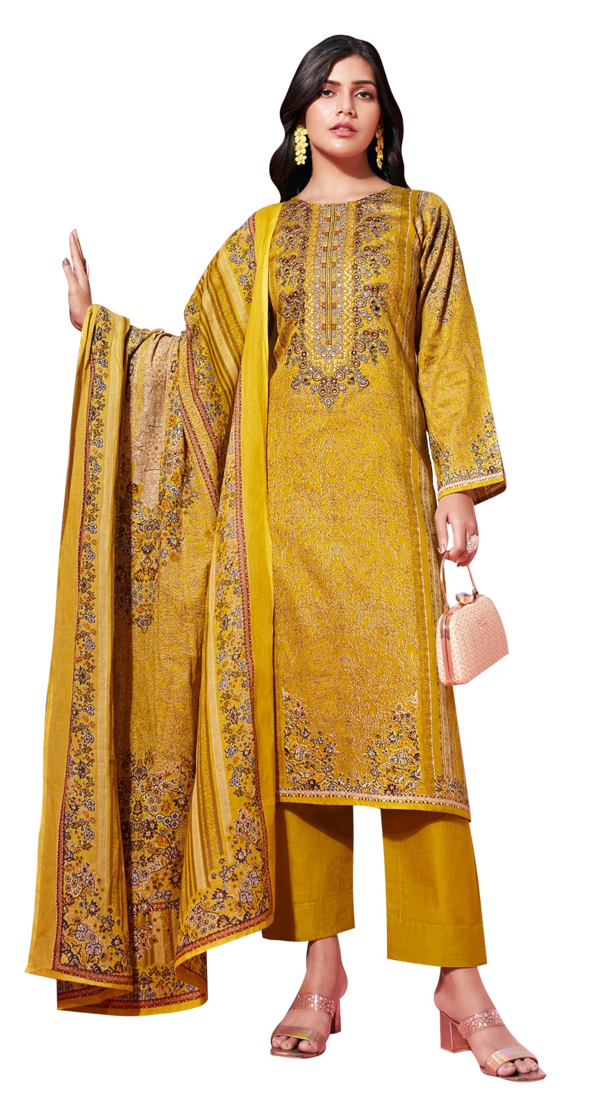 DRAVINAM Trends Women's Jam Cotton Unstitched Suit Dress Material - Pure Jam Satin Digital Print with Embroidery | Cotton Dyed Bottom | Viscose Lawn Cotton Dupatta