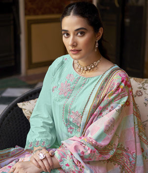 DRAVINAM Trends Women's Unstitched Cotton Suit Dress Material - Pure Cambric Lawn Embroidered Cut Paste Work Top, Solid Bottoms, Print Dupatta