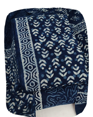 DRAVINAM Trends Hand Block Dabu Print Indigo Cambric Unstitched Cotton Suit Dress Material for Women with Mulmul Cotton Hand Printed Dupatta