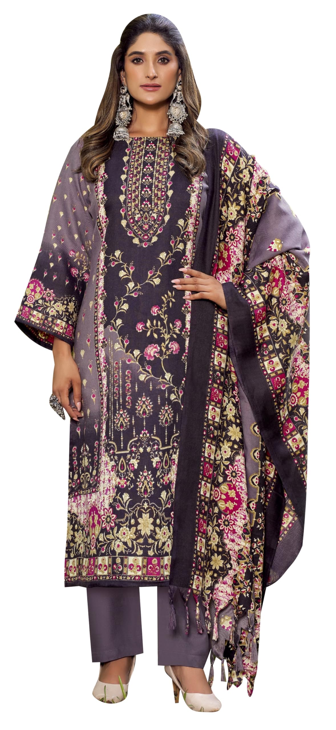 DRAVINAM Trends Women's Winter wear unstitched Printed Woollen Pashmina Salwar Suit Dress Material with Pashmina Printed Shawl Dupatta