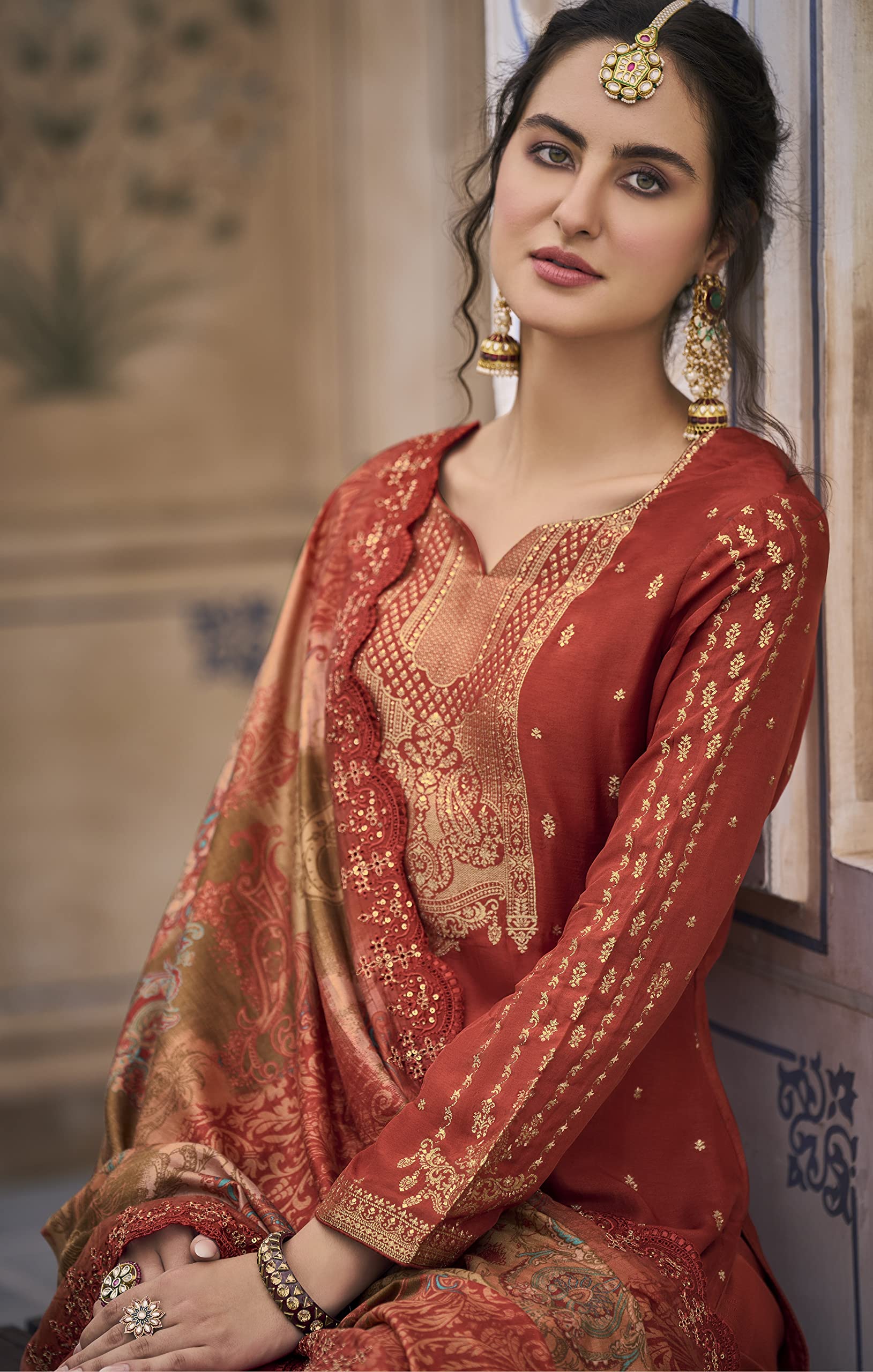 DRAVINAM Trends Women's Pure Dola Banarasi Silk Salwar Kameez Suit Dress Material with Digital Printed Embroidered Pure Viscose Heavy Silk Dupatta (
