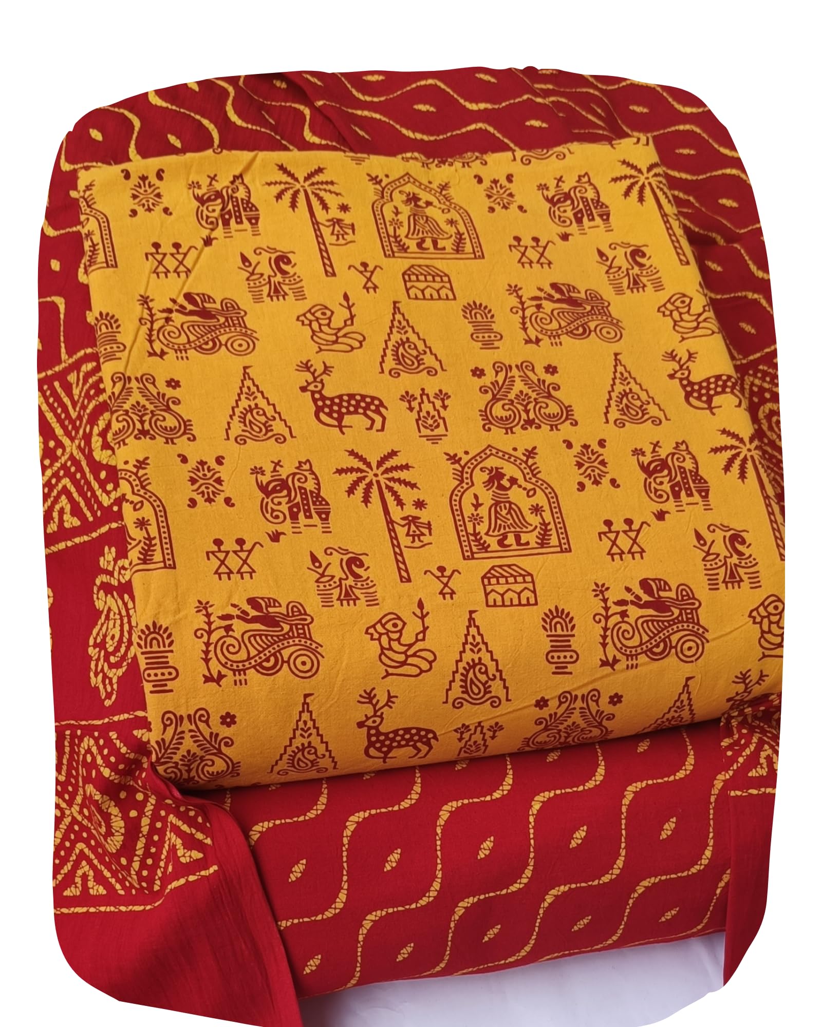 DRAVINAM Trends Women's Premium Cotton Unstitched Salwar Suit Dress Material Set | Traditional Rajasthani Gujari Block Print (Red & Mustard Yellow)