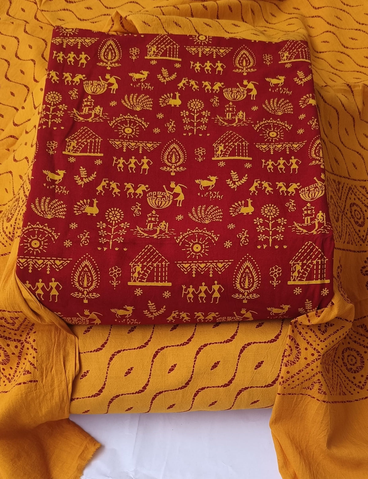 DRAVINAM Trends Women's Premium Cotton Unstitched Salwar Suit Dress Material Set | Traditional Rajasthani Gujari Block Print (Red & Mustard Yellow)