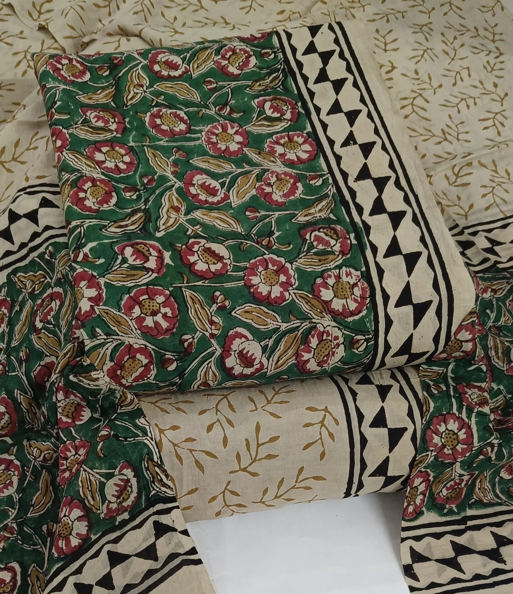 DRAVINAM Trends Women's Jaipuri Pure Cotton Handmade Floral Block Bagh Print Unstitched Dress Material Set with Dupatta (Top, Bottom, and Dupatta Fabric)