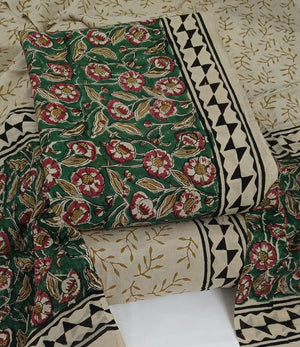 DRAVINAM Trends Women's Jaipuri Pure Cotton Handmade Floral Block Bagh Print Unstitched Dress Material Set with Dupatta (Top, Bottom, and Dupatta Fabric)