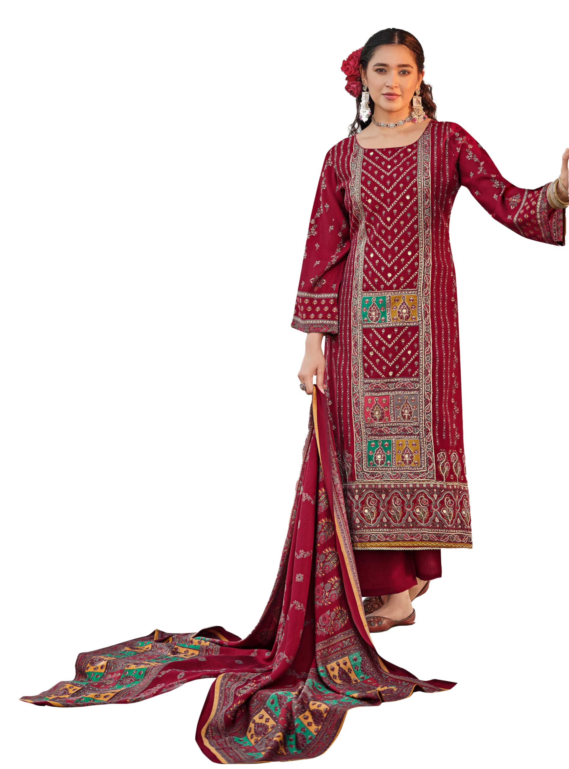 DRAVINAM Trends Women's Unstitched Viscose Maslin Digital and Foil printed Pakistani Embroidered Suit Dress Material with Unstitched Maslin Bottoms and Pure Maslin Dupatta