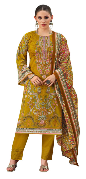 DRAVINAM Trends Lawn Cotton Pakistani Embroidered Suit Dress Material with Unstitched Bottoms and Cotton Dupatta