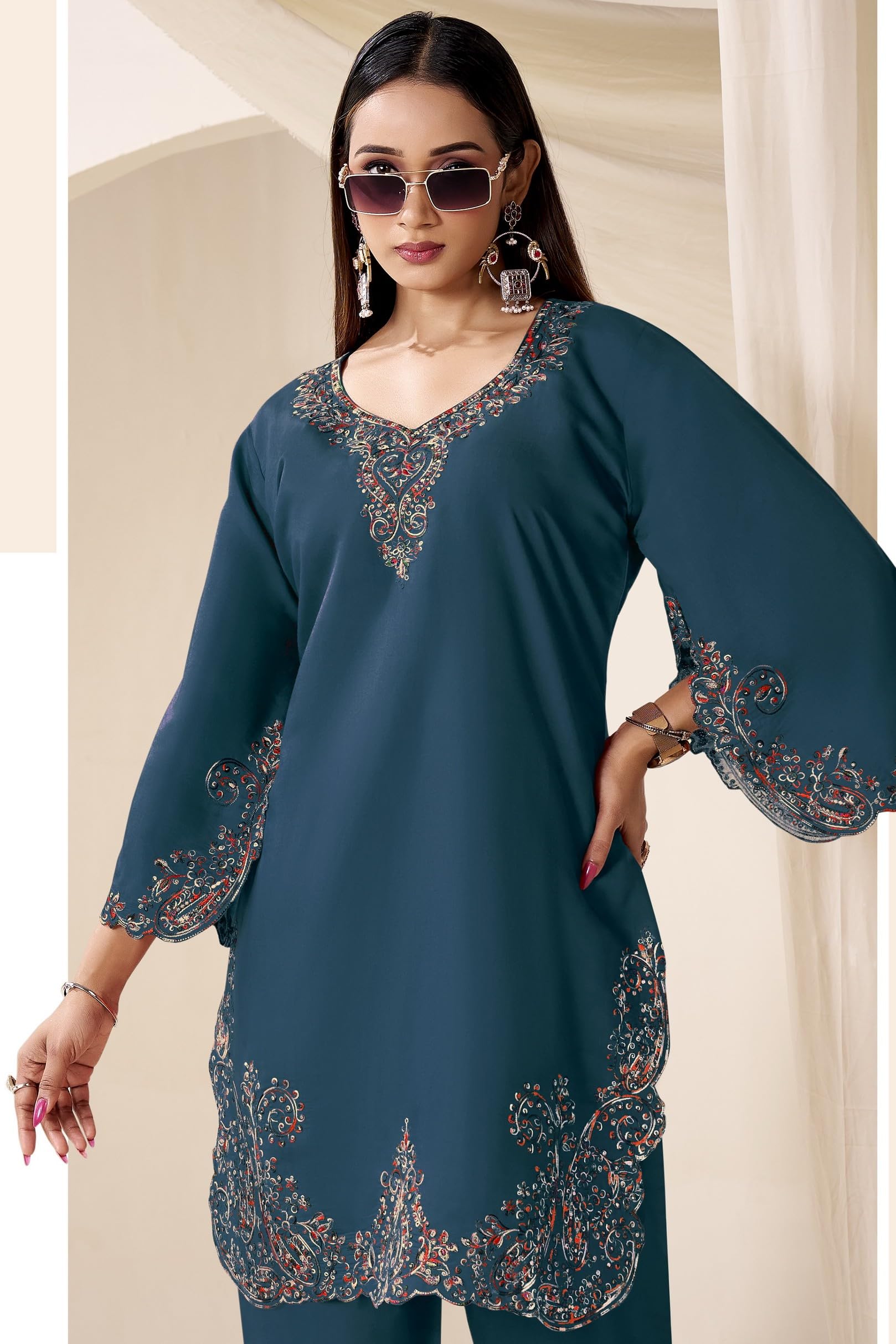 DRAVINAM Trends Women's Stitched Kashmiri Embroidered Pure Roman Silk Co-ord Set II Top II Pants (L / 40)