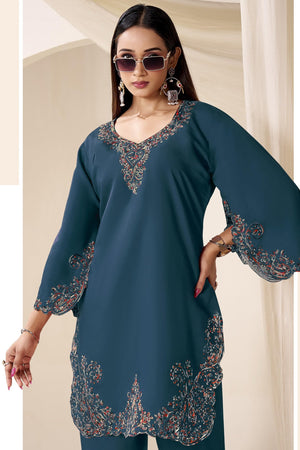 DRAVINAM Trends Women's Stitched Kashmiri Embroidered Pure Roman Silk Co-ord Set II Top II Pants (L / 40)