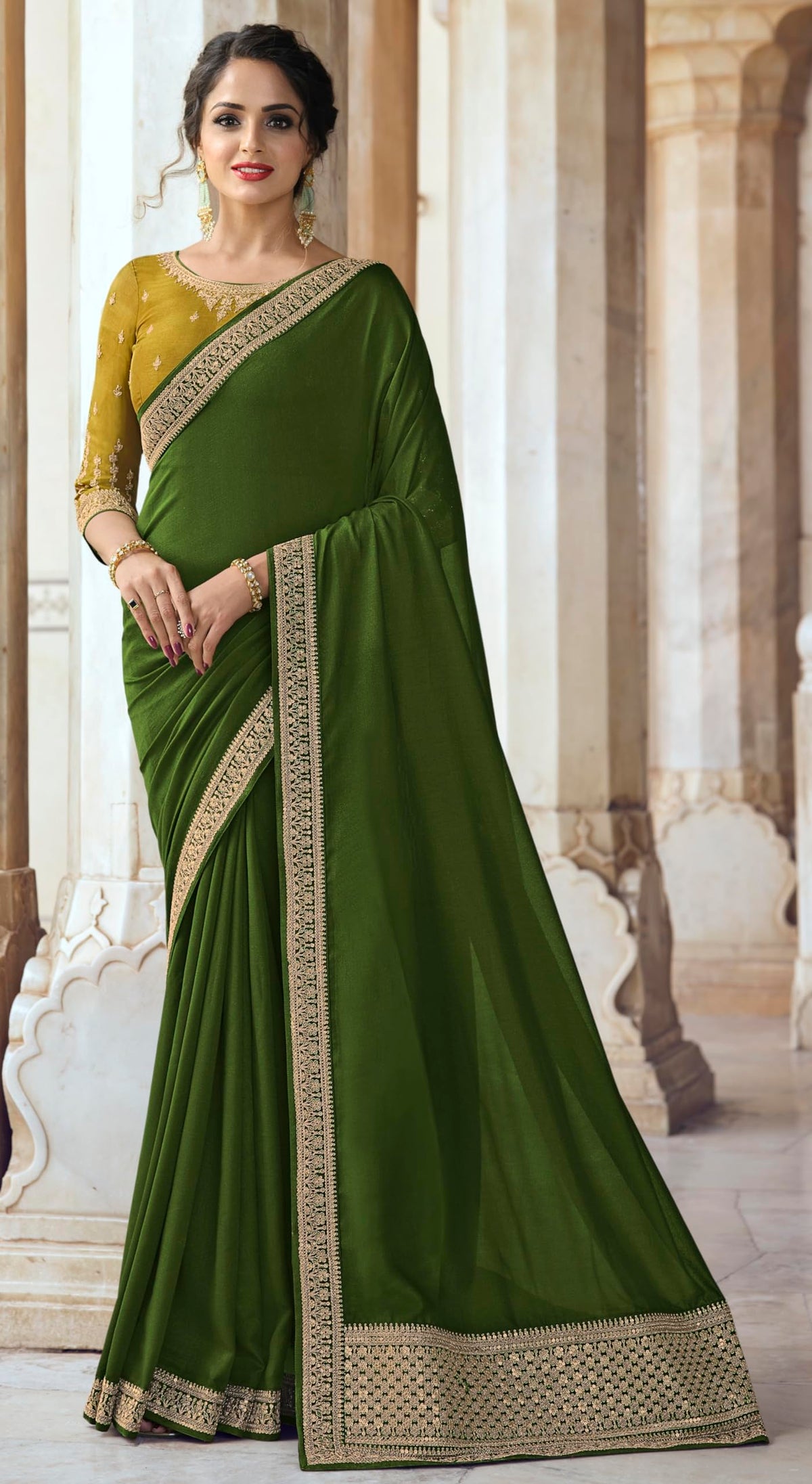 DRAVINAM Trends Women's Embroidered Silk saree with Unstitched Embroidered Blouse Piece