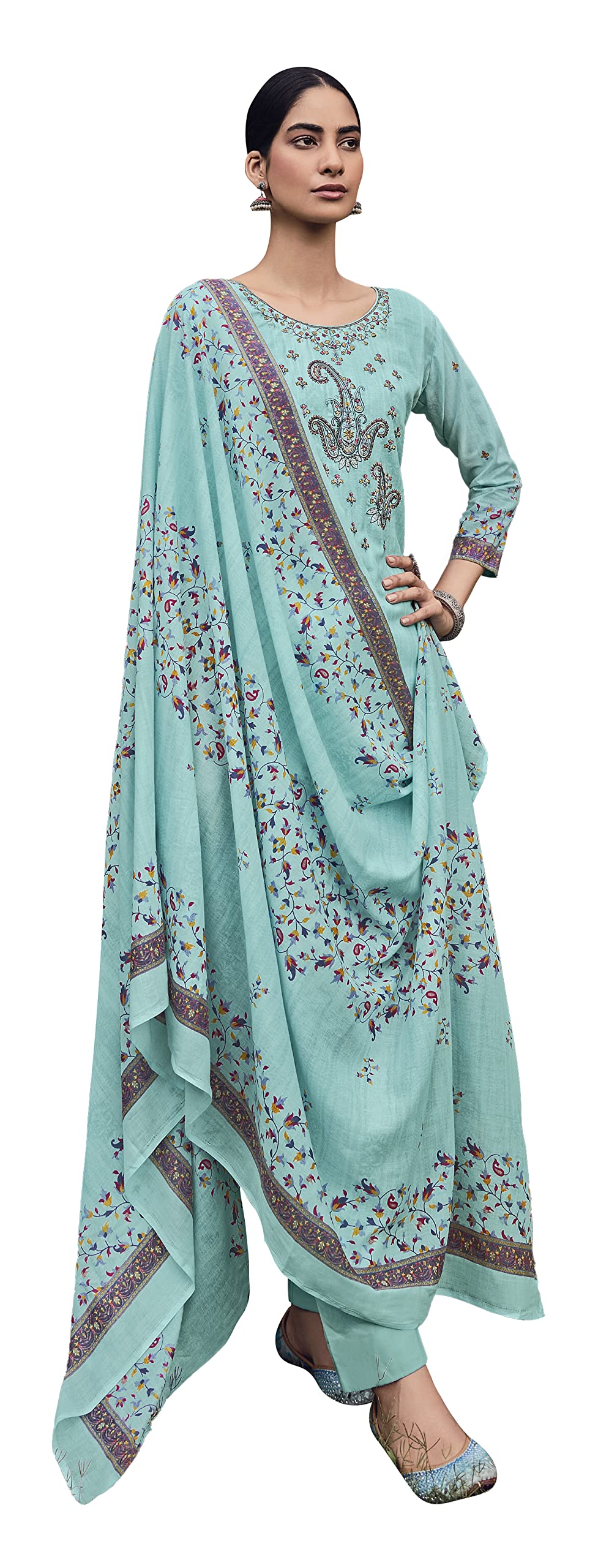DRAVINAM Trends Unstitched Printed Embroidery Work Pure Cotton Salwar Suits Dress Material with Cotton Dupatta (Beige)