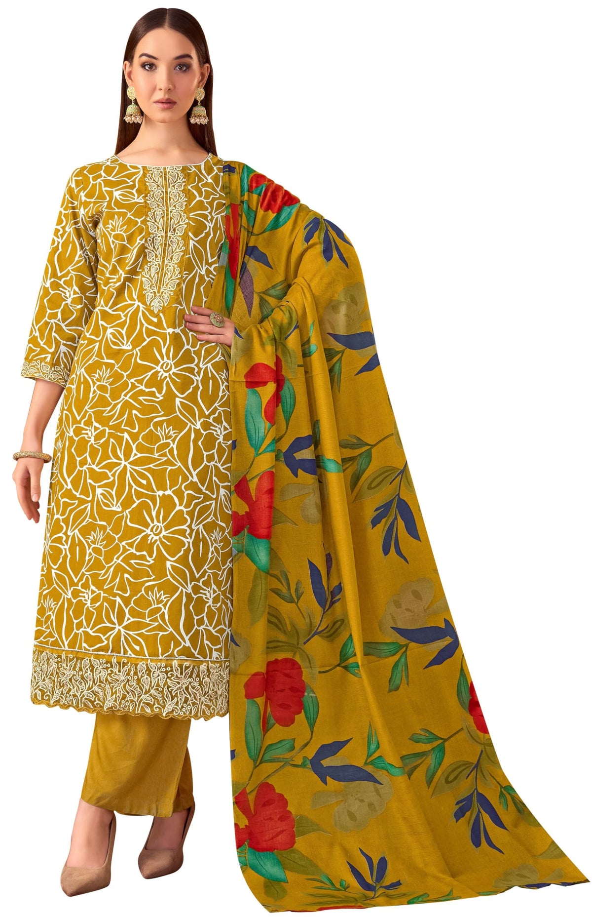 DRAVINAM Trends Women's Unstitched Premium Cotton Printed Embroidered Suit Material