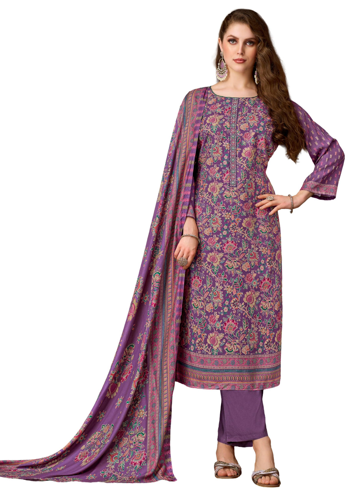 DRAVINAM Trends Women's Winter Wear Unstitched Discharge Print Hand Work Neck Embroidered Woollen Viscose Pashmina Salwar Suit Dress Material with Pashmina Printed Shawl Dupatta