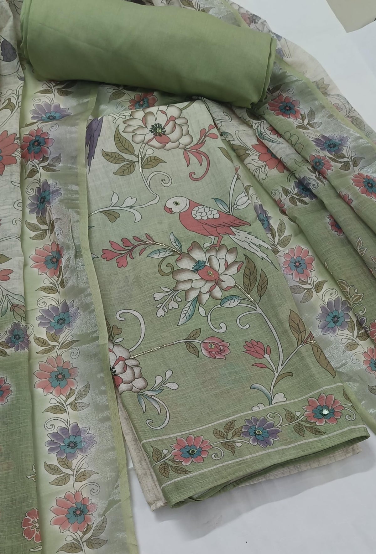 DRAVINAM Trends Women's Premium Pure Linen Floral Printed Unstitched Salwar Suit Dress Material with Dupatta