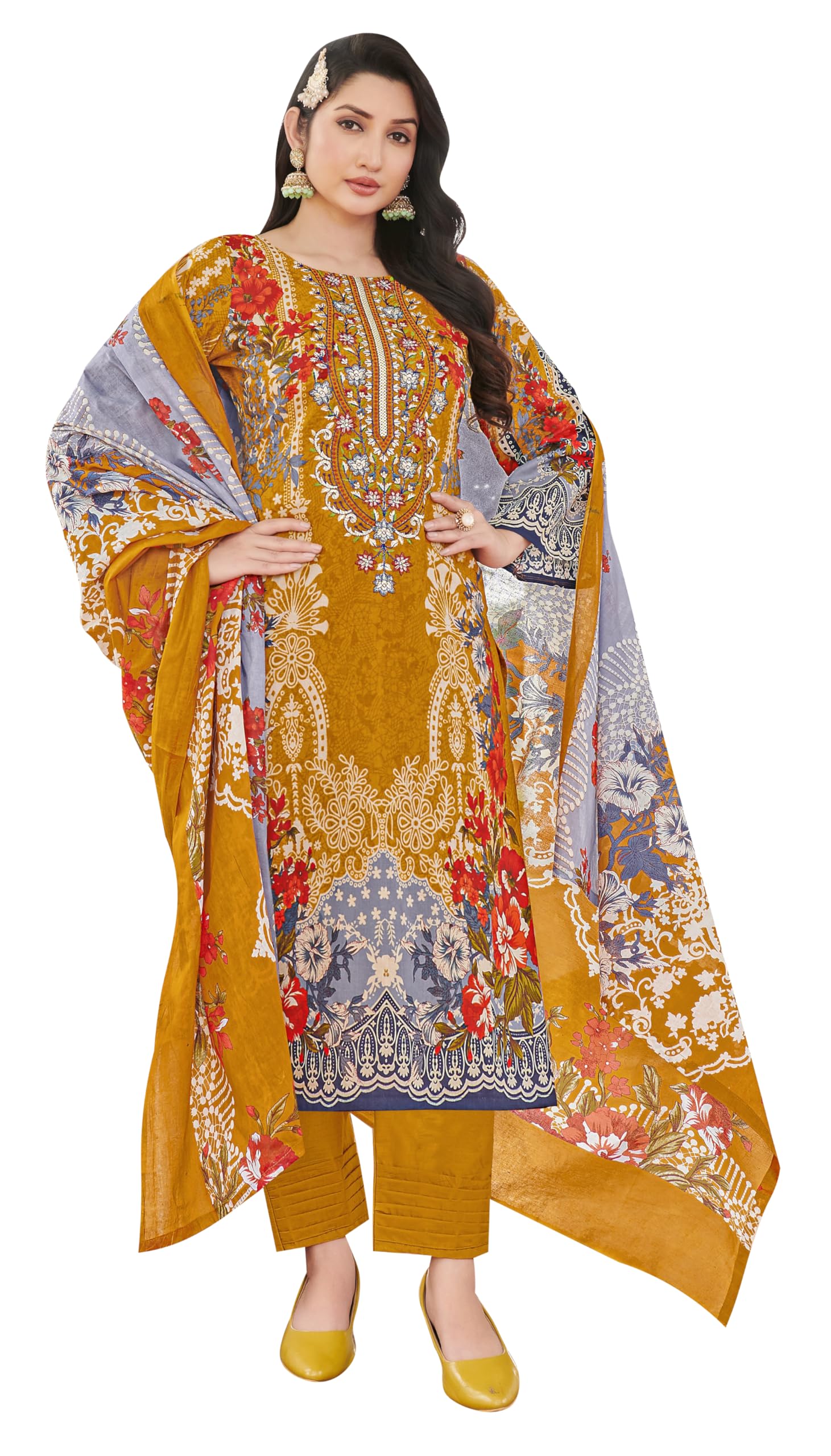 DRAVINAM Trends Unstitched Suit Material Karachi Lawn Cotton Pakistani Digital Printed Embroidered Kameez with Unstitched Bottoms and Cotton Dupatta