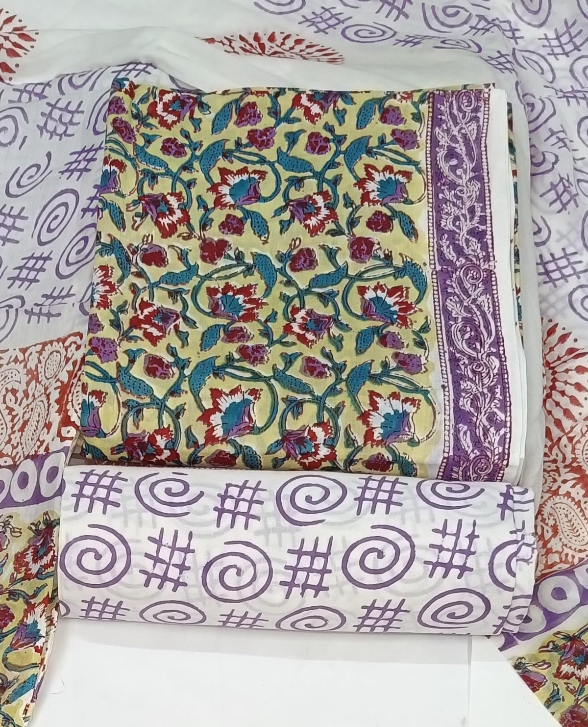 DRAVINAM Trends Hand Block Print Sanganeri Cambric Unstitched Cotton Suit Dress Material for Women with Mulmul Cotton Hand Printed Dupatta