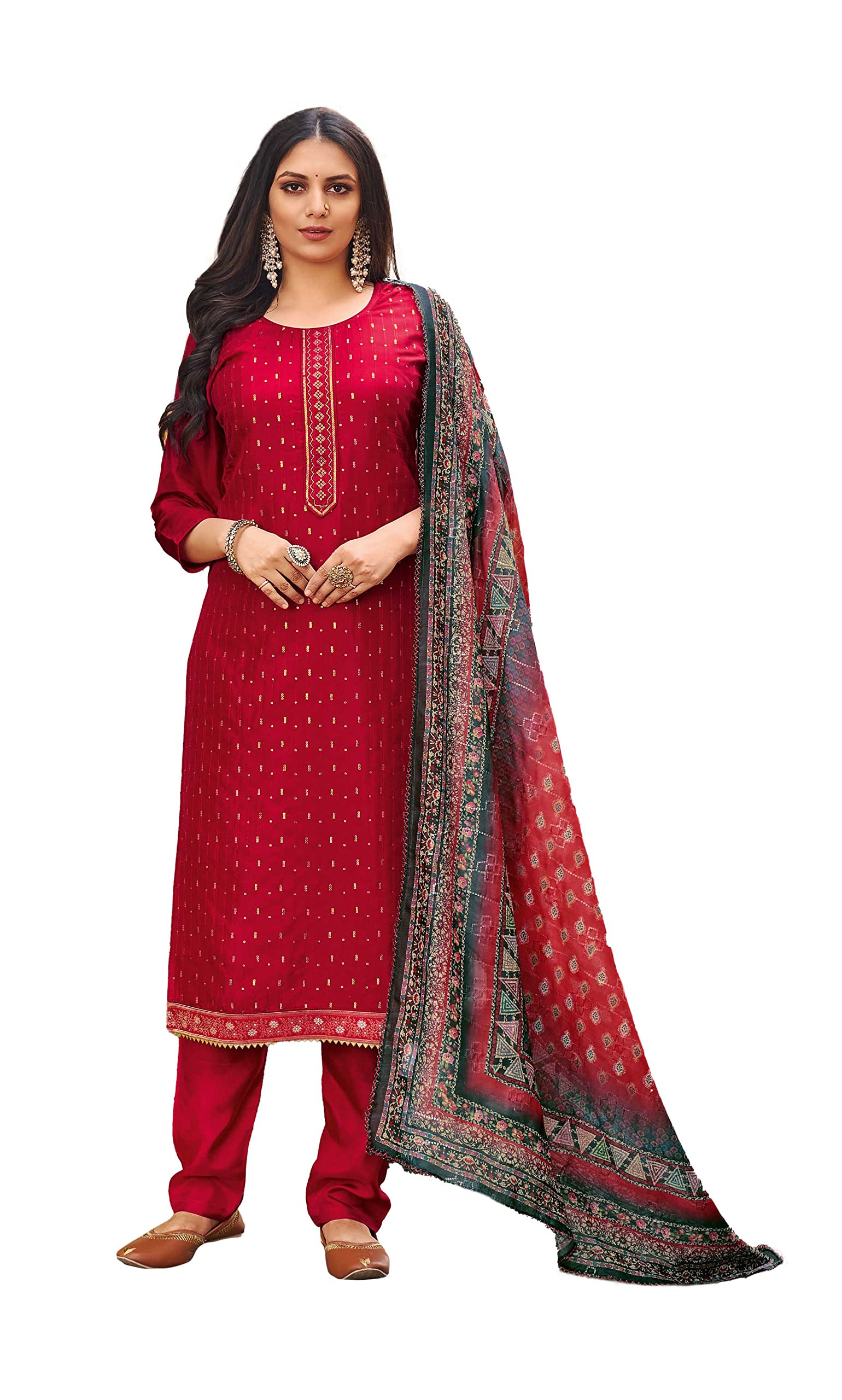 DRAVINAM Trends Women's Pure Viscose Upada Silk Sequence work Unstitched Salwar Suit Material with Pure Muslin Digital Print Sequence Dupatta (Free size_Maroon)
