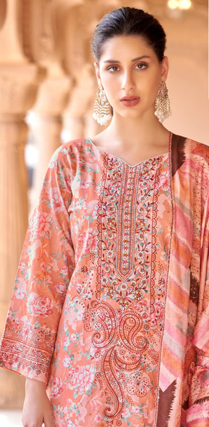 Elegant Unstitched Pure Cambric Cotton Suit Material with Neck & Daman Embroidery | Swarovski Diamond Work | Cotton Dyed Bottoms & Fancy Embroidered Mal Mal Dupatta